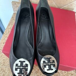 Tory Burch Black and Silver Flats with Metallic Emblem